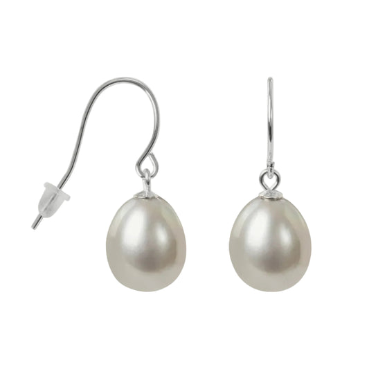 Pearl earrings with silver hooks on a white background