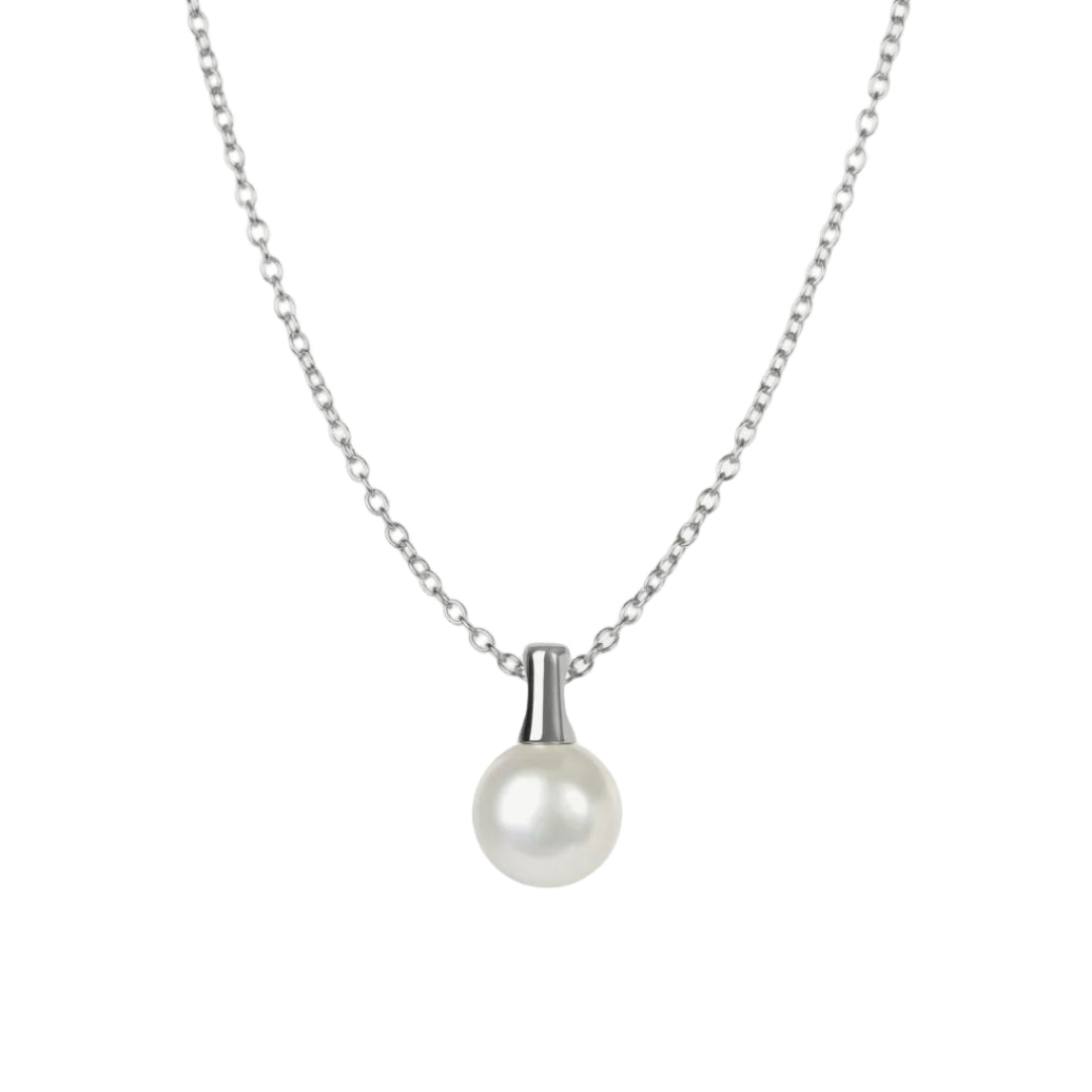 Pearl necklace with silver chain on a white background