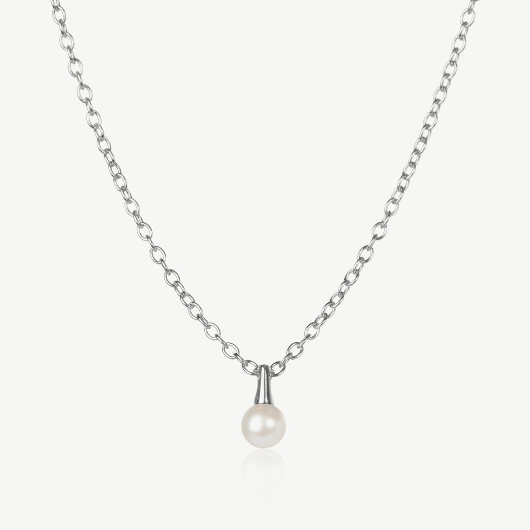 Pearl necklace with silver chain on a white background