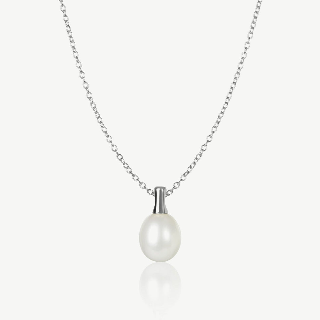 Pearl necklace with silver chain on a white background
