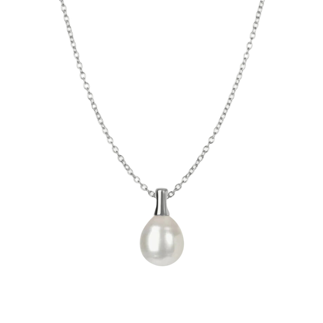Pearl necklace with silver chain on a white background