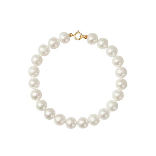 Pearl bracelet with a gold clasp on a white background