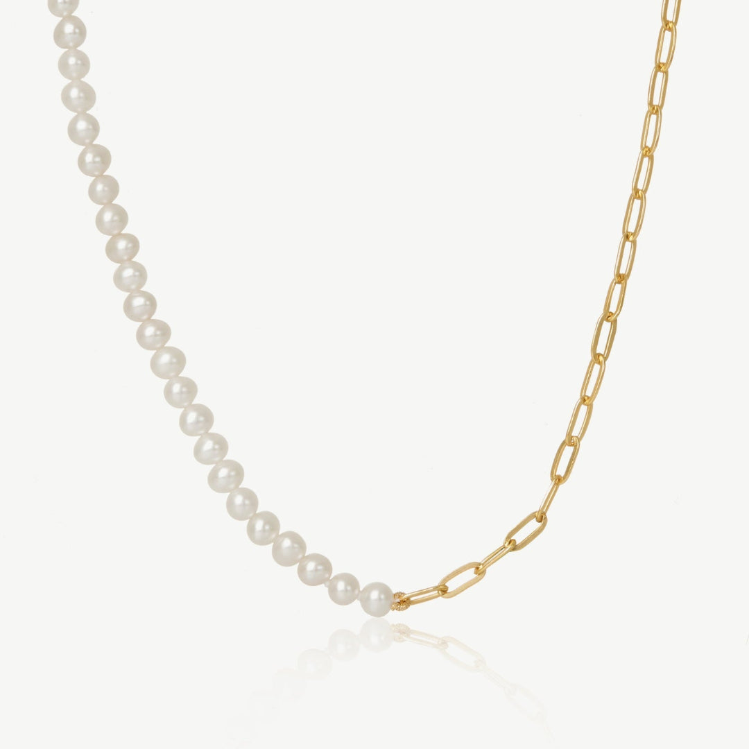 Pearl necklace with a gold chain on a white background