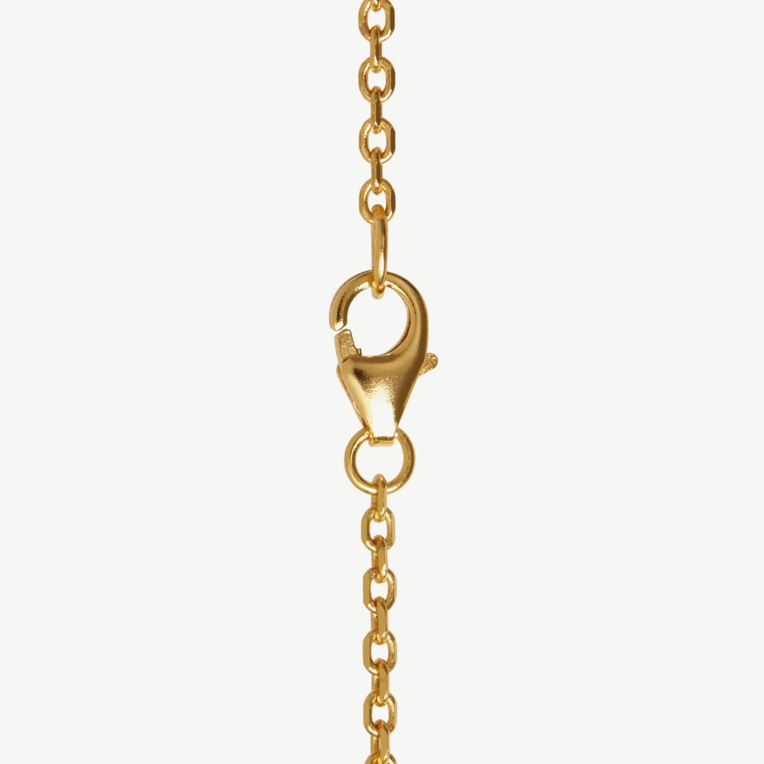 Gold chain with clasp on a light gray background
