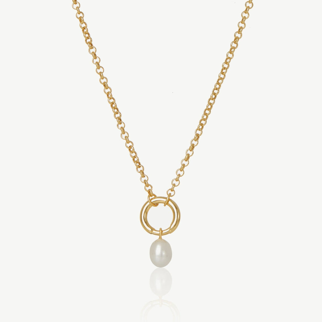 Gold necklace with a pearl pendant on a white background