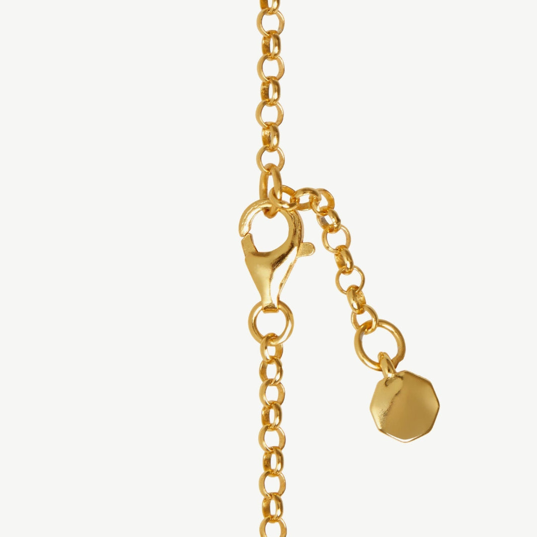 Gold chain with a clasp and small round pendant on a white background