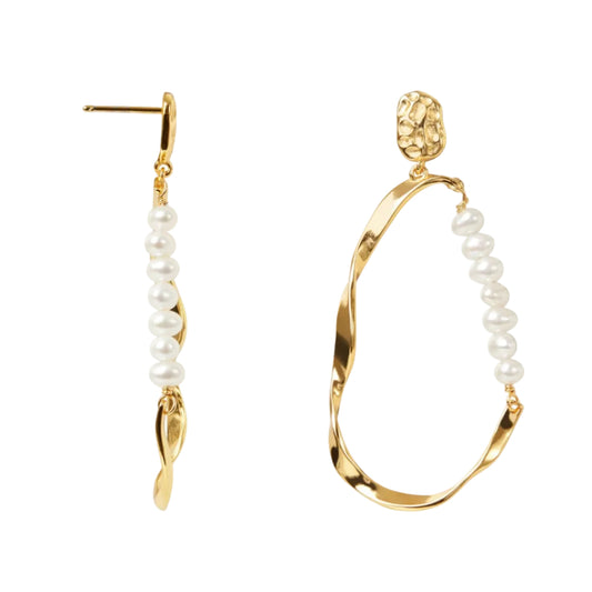 Gold hoop earrings with pearl accents on a white background