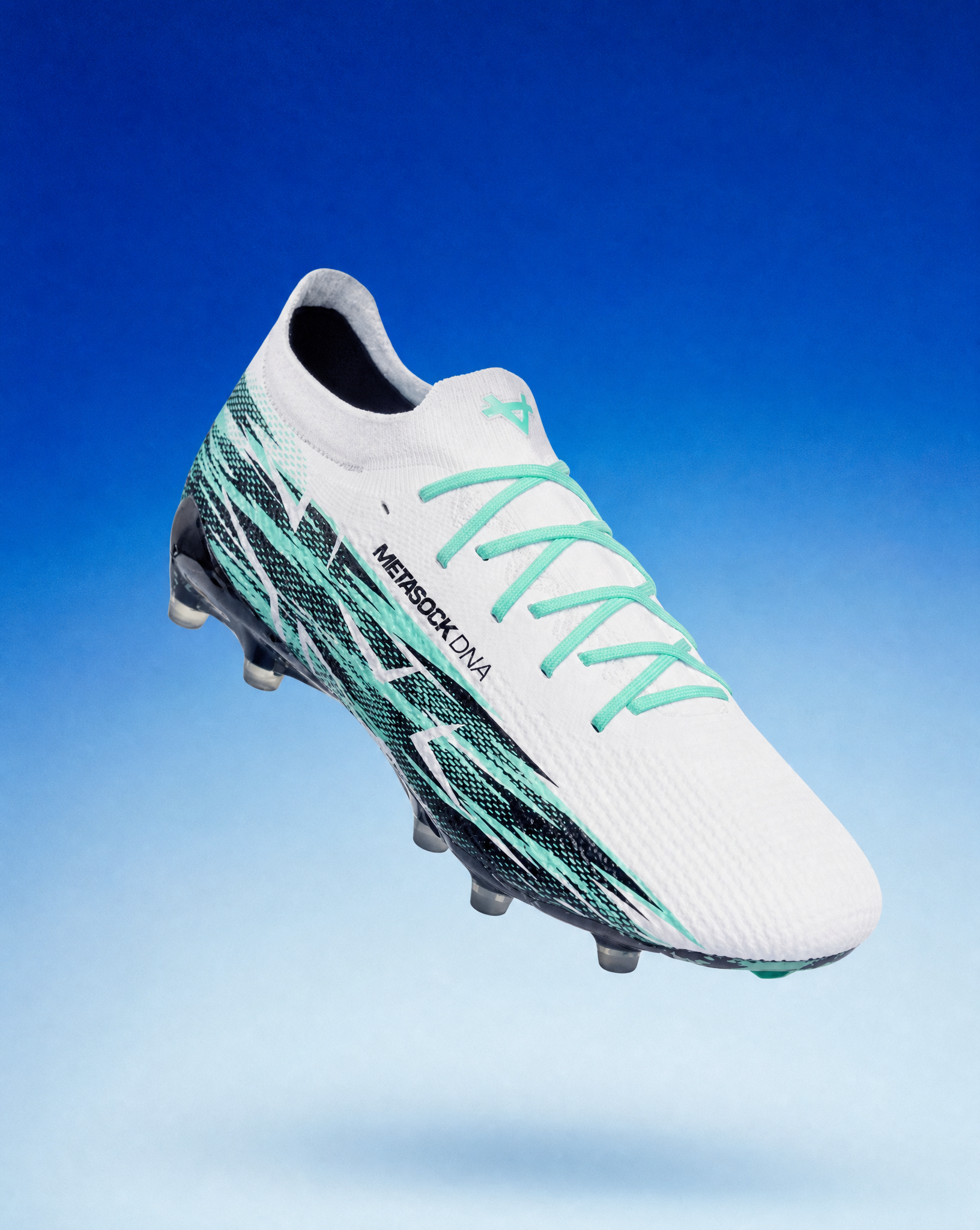 White soccer cleat with green accents on a blue gradient background