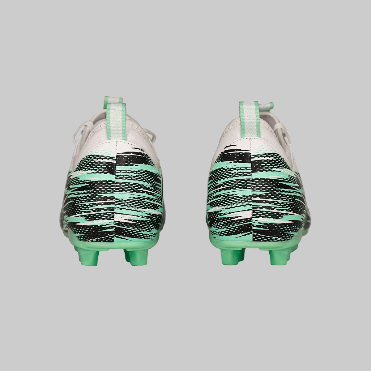 Pair of soccer cleats with green and black pattern on a white background